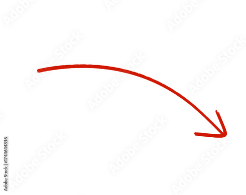 A red, handdrawn curved arrow pointing downwards and to the right, isolated on a transparent background, signifying a direction, decline, or downward trend