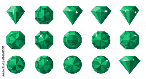 Vector art of collection of green emerald gemstones of various shapes