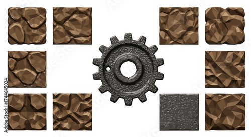 Vector art of a collection of stone textures and a gear