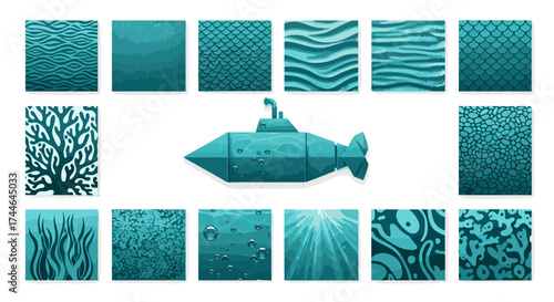 Vector art of collection of blue water textures with submarine