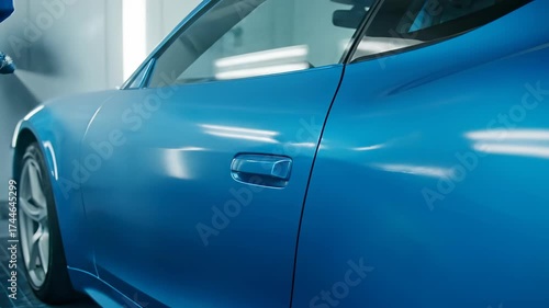 Close-up shot of a blue sports car door being painted in a professional workshop.