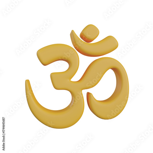 A golden, three-dimensional rendering of the Om symbol, a sacred syllable in Hinduism, Buddhism, and Jainism, isolated on a white background.