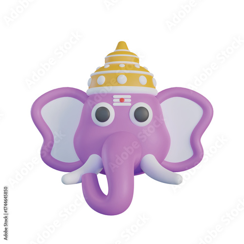 A 3D render of Lord Ganesha's head, depicted in a cartoonish style with purple skin, a golden crown, and white tusks, isolated on a white background.
