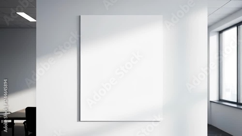 Blank white poster hanging on a white wall in a modern office setting with natural light.