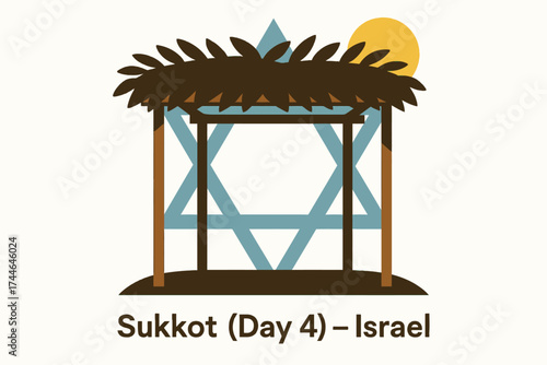 Flat symbolic illustration showing a sukkah (temporary hut) made from branches and leaves, with Star of David subtly integrated in the background. Use flat colors — green, brown, blue, yellow — no gra