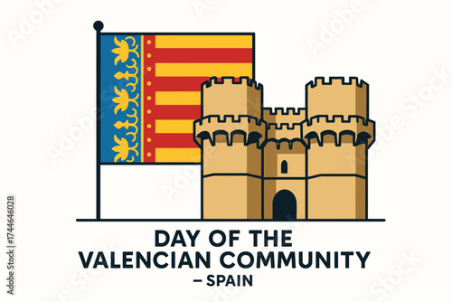 Flat minimalist illustration featuring the flag of Valencia (yellow and red stripes with blue border and golden motifs) beside a stylized historical tower or architecture from Valencia, such as Torres