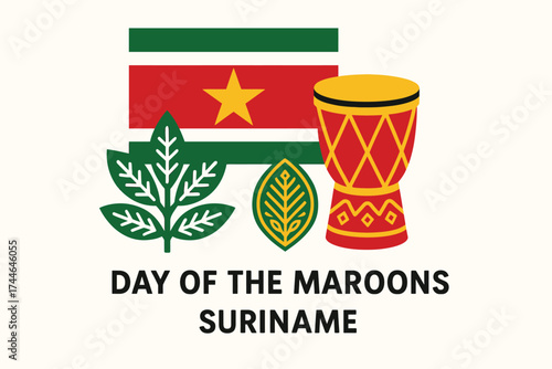 Flat composition featuring Suriname flag, drum symbol, and leaf or traditional pattern to represent Maroon heritage. Use red, green, yellow, and white flat tones — no texture or gradient. Centered on 