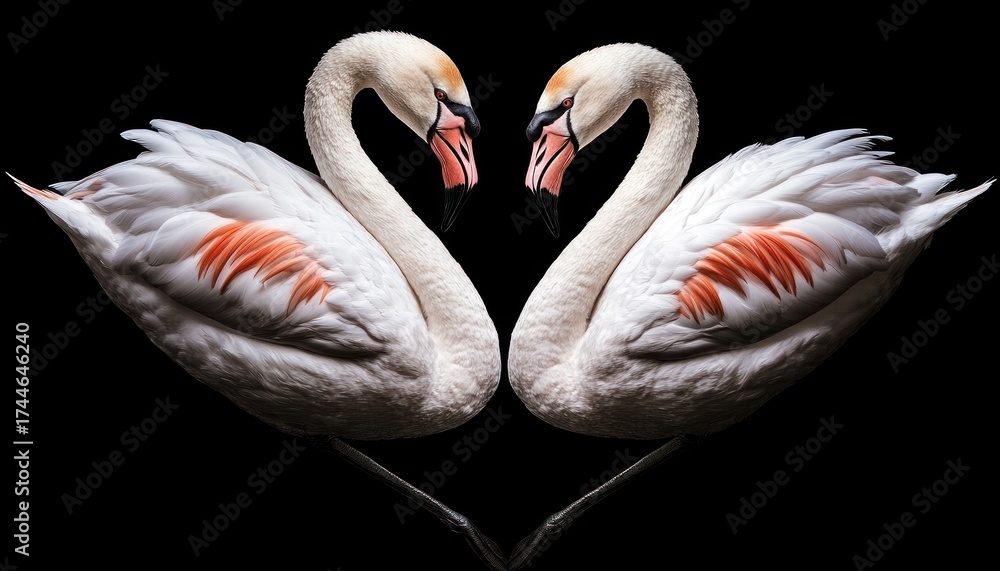 Naklejka premium Elegant Mute Swans Forming Heart Shape on Black Background Symbolizing Love
