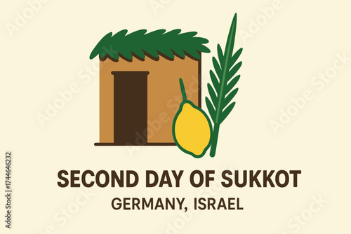 Simple sukkah hut outline at center with palm branches on top and a pomegranate placed inside, with abstract glowing circle behind as symbolic sun. Text Second Day of Sukkot – Germany, Israel beneath.