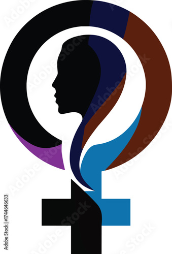 Stylized female gender symbol with multicolored profile silhouette, representing empowerment, diversity, inclusion, identity, equality, social awareness, conceptual design, vector illustration