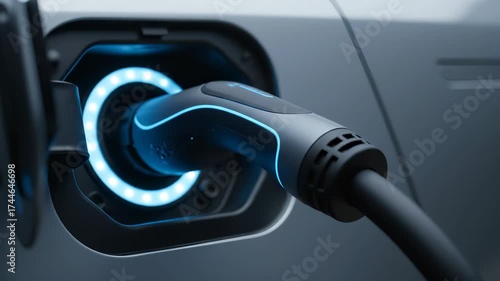 Close-up of an electric vehicle charging port with a glowing blue light, connected to the car.
