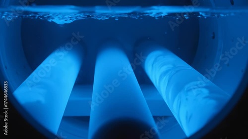 Close-up view of three cylindrical objects emitting bright blue light within a container.