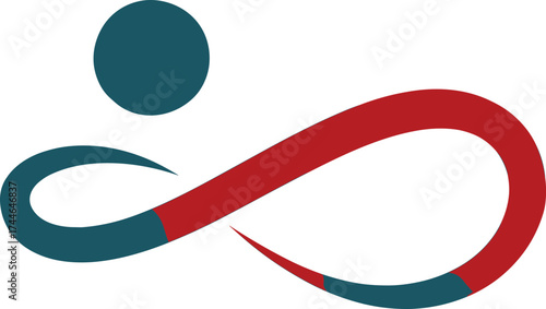 Abstract infinity symbol with teal and red curves, circle above, conceptual design for balance, continuity, integration, modern symbolism, vector illustration, minimalist art