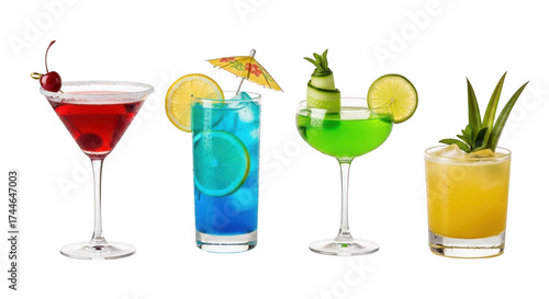 Four refreshing colorful tropical cocktails arranged on a black background ready for summer parties and celebrations transparent background