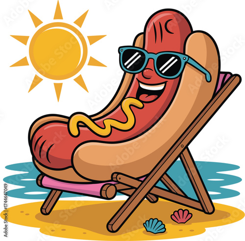 Smiling Hot Dog Mascot with Sunglasses Lounging on Beach Chair Under Sun - Summer Vacation VectorSmiling Hot Dog Mascot with Sunglasses Lounging on Beach Chair Under Sun  Summer Vacation Vector