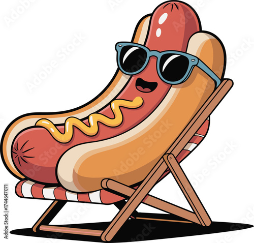 Cool Hot Dog Mascot with Sunglasses Lounging on Beach Chair - Summer Barbecue Fun VectorCool Hot Dog Mascot with Sunglasses Lounging on Beach Chair  Summer Barbecue Fun Vector