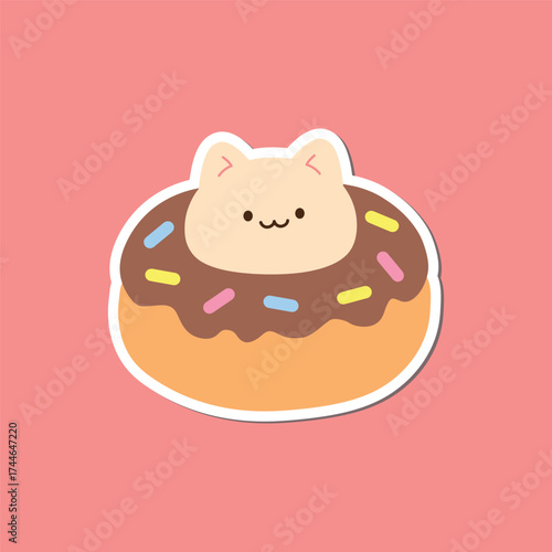 Cat and donut with chocolate glaze and sprinkle clip art vector illustration in flat style