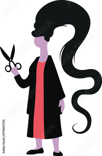 Surreal cartoon woman with long black hair holding scissors, abstract fashion illustration, transformation, self-expression, whimsical style, haircut concept, vector art, creative design