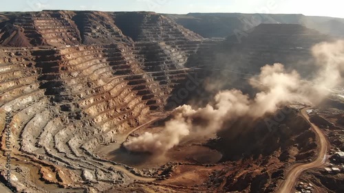 Aerial view of a large open-pit mine with terraced levels and dust clouds.