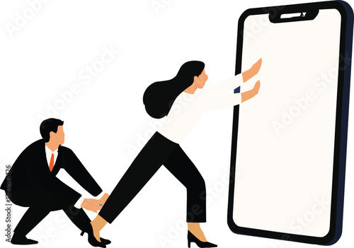 Cartoon business people interacting with oversized smartphone, symbolic illustration of digital dependency, tech influence, mobile addiction, behavioral impact, modern lifestyle, vector design