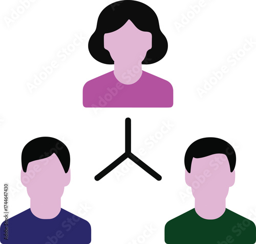 Cartoon team hierarchy illustration with three connected figures, organizational chart concept, leadership structure, relationship diagram, teamwork, business roles, vector design
