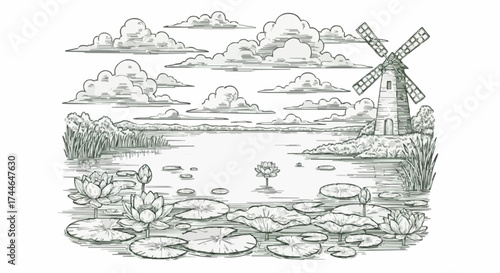 Porcelain design featuring a windmill tower and a lotus lake in dark green 