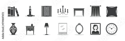 Set of twelve minimalist vector illustrations of home furniture and decor objects scalable eps icon vector