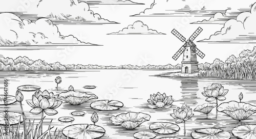 Porcelain design featuring a windmill tower and a lotus lake in dark black 