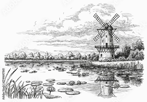 Porcelain design featuring a windmill tower and a lotus lake in dark black 