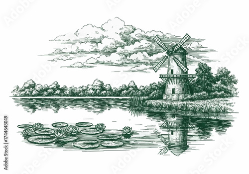 Porcelain design featuring a windmill tower and a lotus lake in dark green 