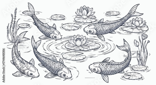 Porcelain design featuring a koi fish pond in dark blue 
