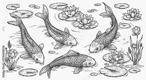 Porcelain design featuring a koi fish pond in dark black 