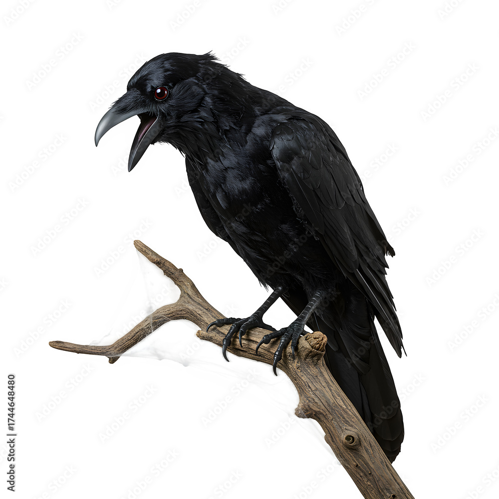 Fototapeta premium Creepy Halloween crow decoration. Spooky, gothic scene element for design. Black bird silhouette. Isolated on white or transparent background. PNG format.
