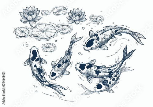 Porcelain design featuring a koi fish pond in dark blue 