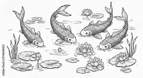 Porcelain design featuring a koi fish pond in dark black 