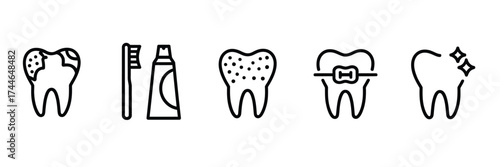 Set of five minimalist black line art dental icons featuring healthy and unhealthy teeth braces toothbrush and toothpaste vector