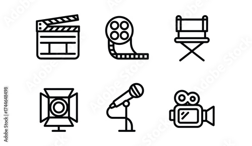 Set of six black and white line art icons for film production and entertainment industry vector