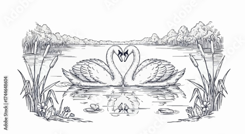 Porcelain design depicting a pair of swans and a lake in dark blue 