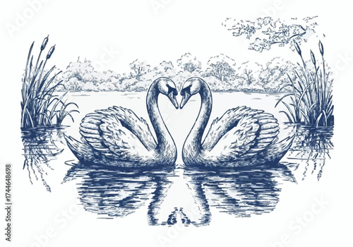 Porcelain design depicting a pair of swans and a lake in dark blue 