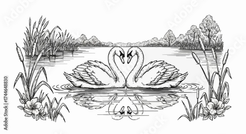 Porcelain design depicting a pair of swans and a lake in dark black 