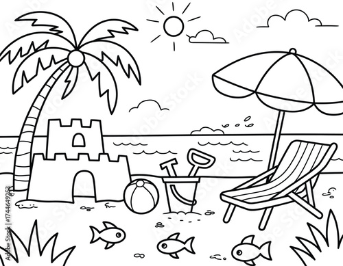 Scalable vector illustration of a beach scene with sandcastle umbrella and palm tree for eps vector