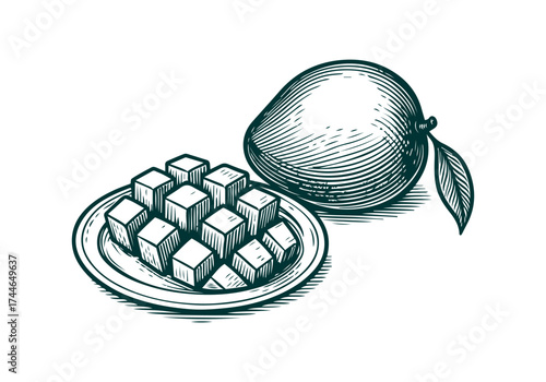 Mango hand drawn simple engraved vector illustration