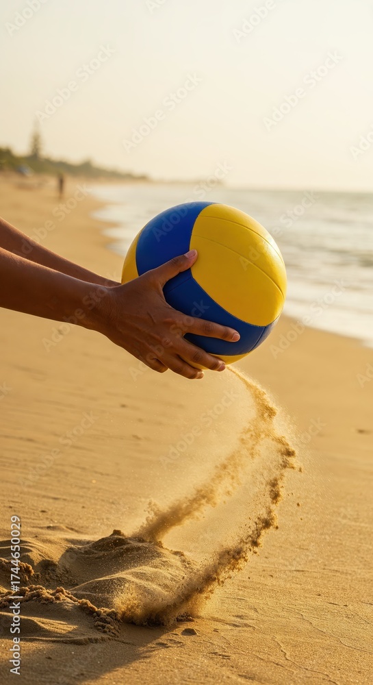 Obraz premium Beach Ball on Beach: An inviting scene on a beach showcases a vibrant beach ball being held over the golden sands, capturing the essence of summer.