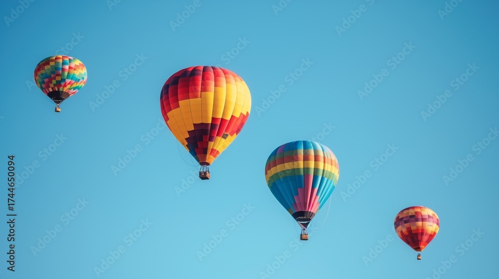 Fototapeta premium Colorful hot air balloons floating in clear blue sky, festival atmosphere, vibrant travel background.