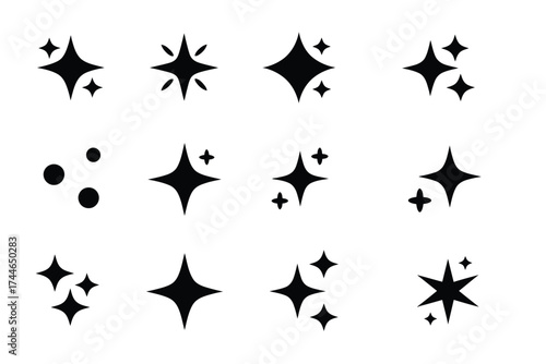 Set of 12 black sparkle and star icons scalable vector graphics for decorative elements vector
