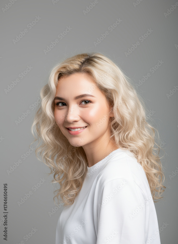 Fototapeta premium Smiling with Elegance: A graceful woman with radiant blonde hair and a gentle smile, exuding warmth, confidence, and timeless beauty.