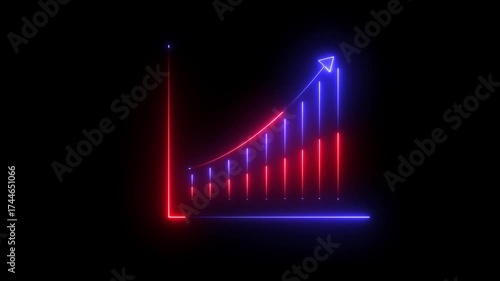 Neon Bar Graph with Upward Arrow and Curved Line in Red and Blue on Black Background bar chart glowing