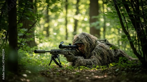 male figure in ghillie suit lies prone in forest aiming sniper rifle with scope and suppressor supported by bipod Dappled sunlight filters through the green canopy