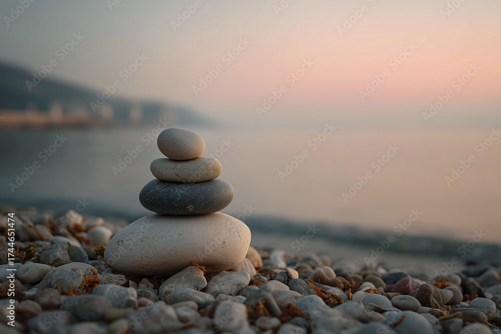 Fototapeta premium Stack of smooth stones balanced on each other on beach at sunrise, soft warm light, calm sea background
