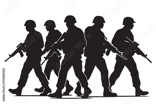 Minimalist vector artwork depicting multiple armed soldiers standing together, black and white style, symbolizing courage, teamwork, and battlefield readiness.